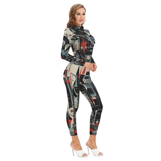 All-Over Print Women's Long-sleeved High-neck Jumpsuit With Zipper