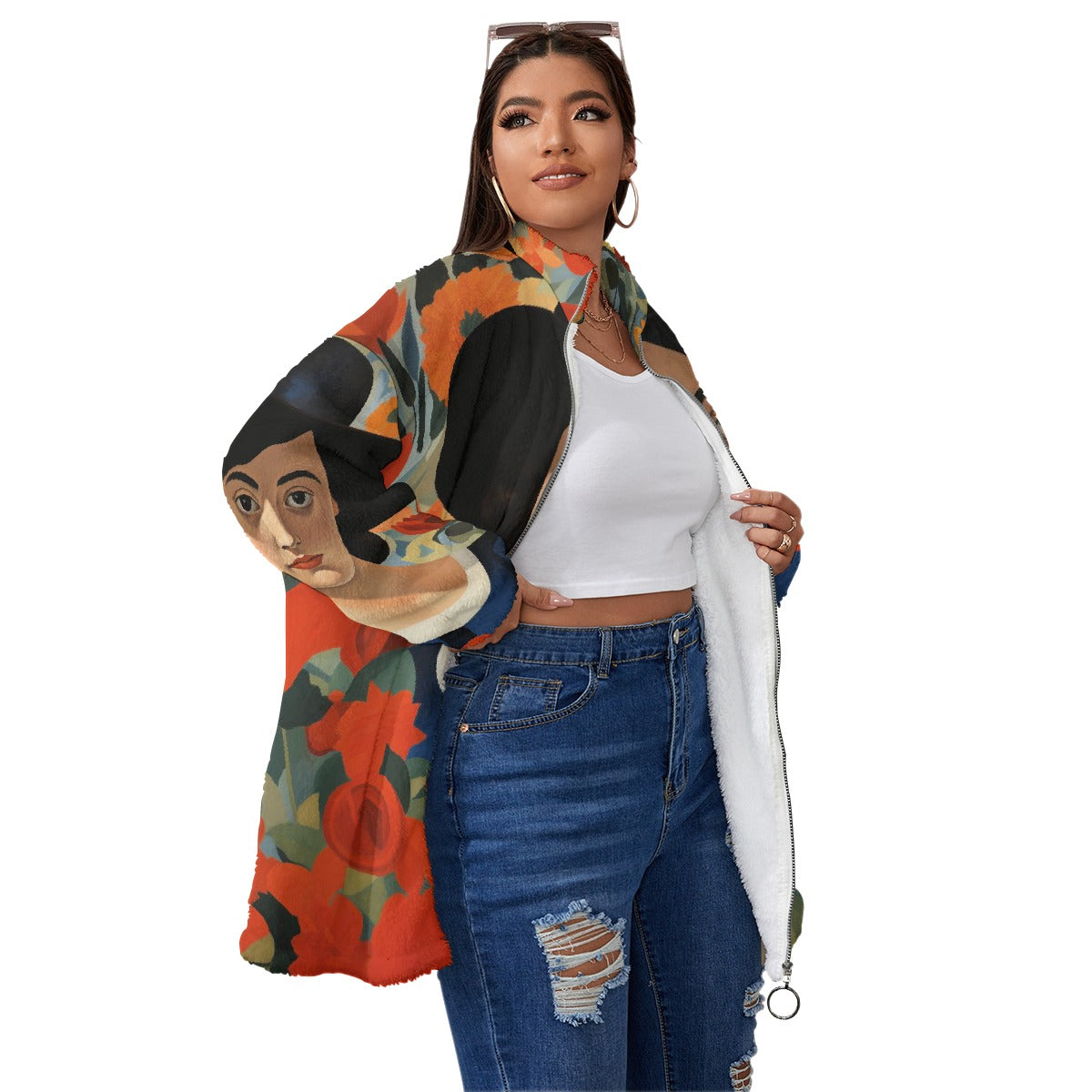 All-Over Print Unisex Borg Fleece Stand-up Collar Coat With Zipper Closure(Plus Size)