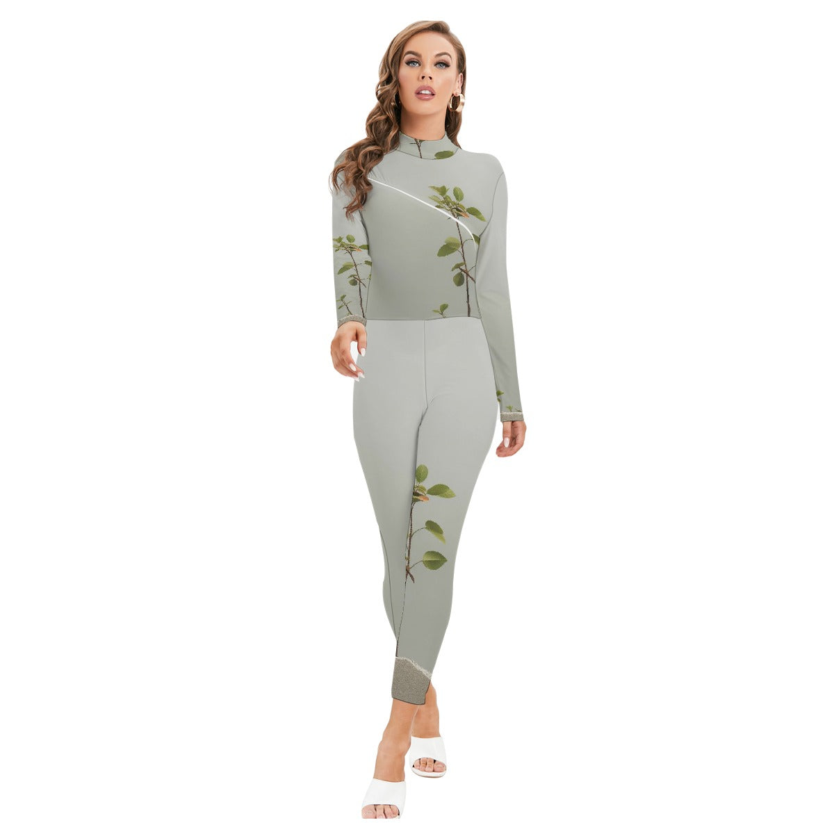 All-Over Print Women's Long-sleeved High-neck Jumpsuit With Zipper