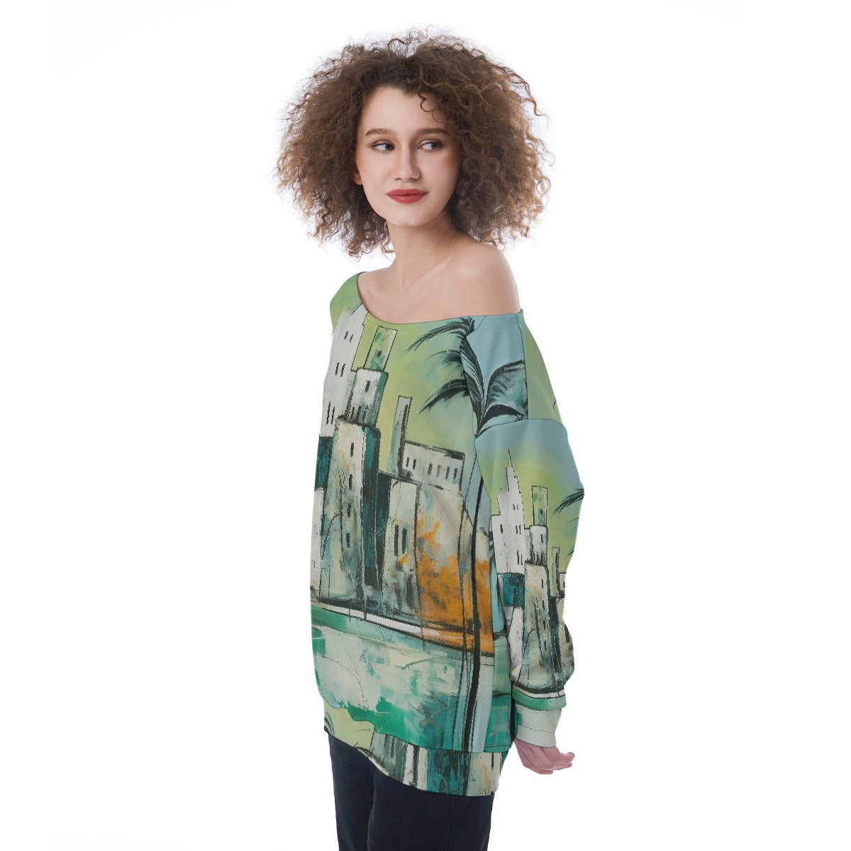 All-Over Print Oversized Women&#39;s Off-Shoulder Sweatshirt