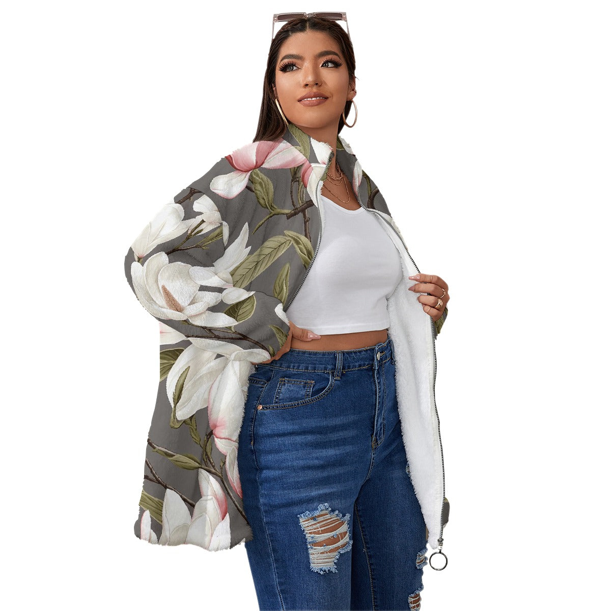 All-Over Print Unisex Borg Fleece Stand-up Collar Coat With Zipper Closure(Plus Size)