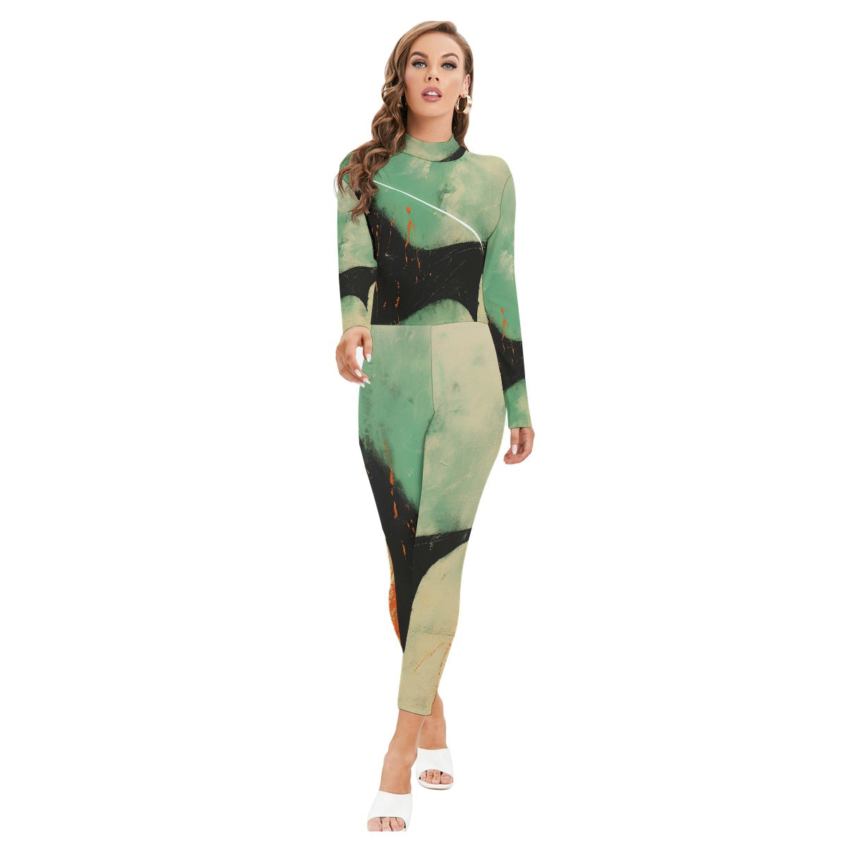 All-Over Print Women's Long-sleeved High-neck Jumpsuit With Zipper