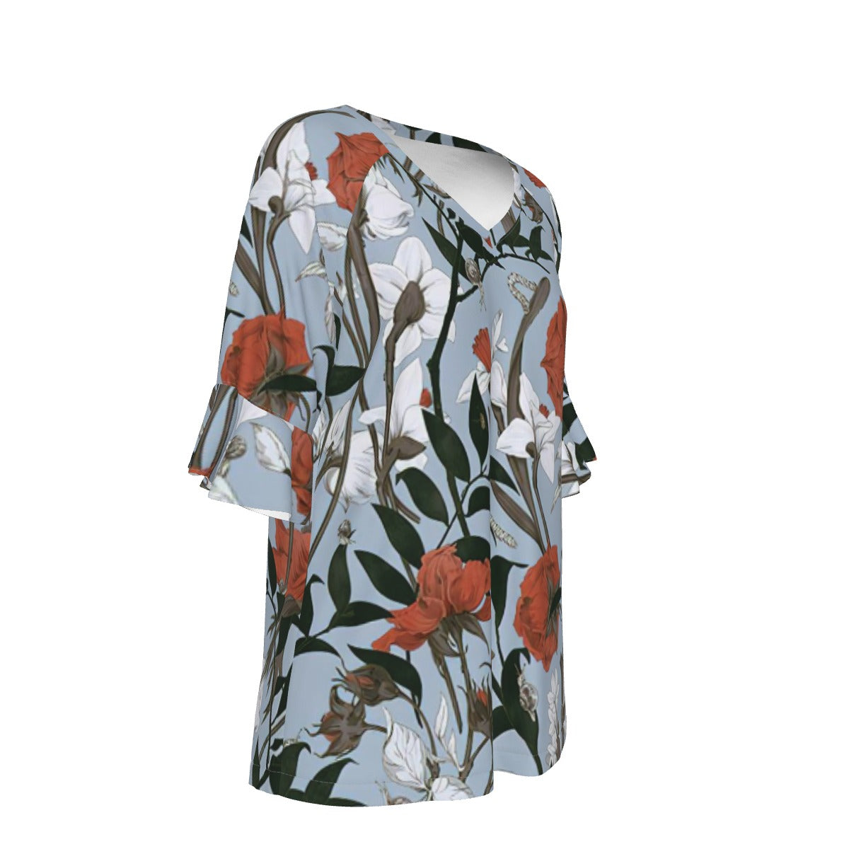 All-Over Print V-neck Women's T-shirt With Bell Sleeve