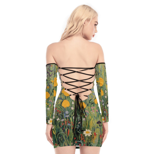 All-Over Print Women's Off-shoulder Back Lace-up Dress