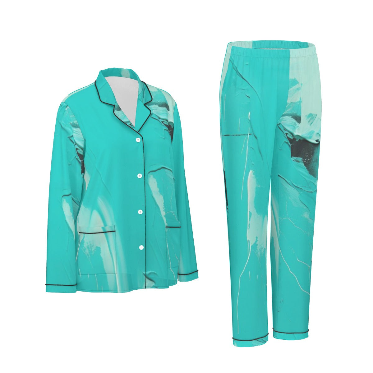 All-Over Print Women's Long Sleeve Pajama Set With Black Contrast Piping