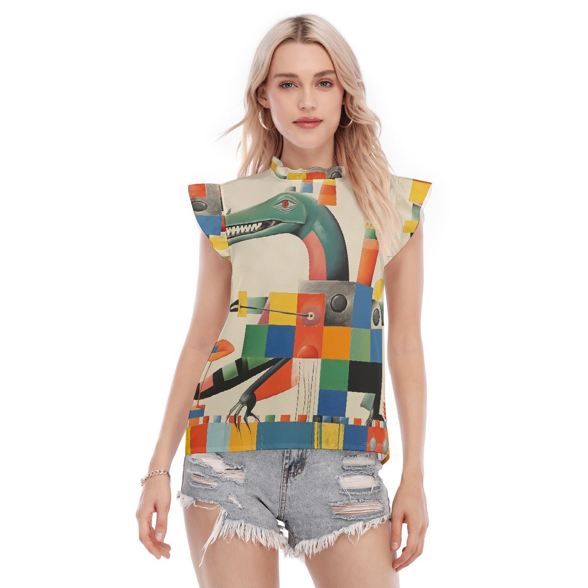 All-Over Print Women's Blouse With Ruffle Collar And Sleeve