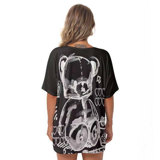 All-Over Print Women's Bat Sleeves V-Neck Blouse