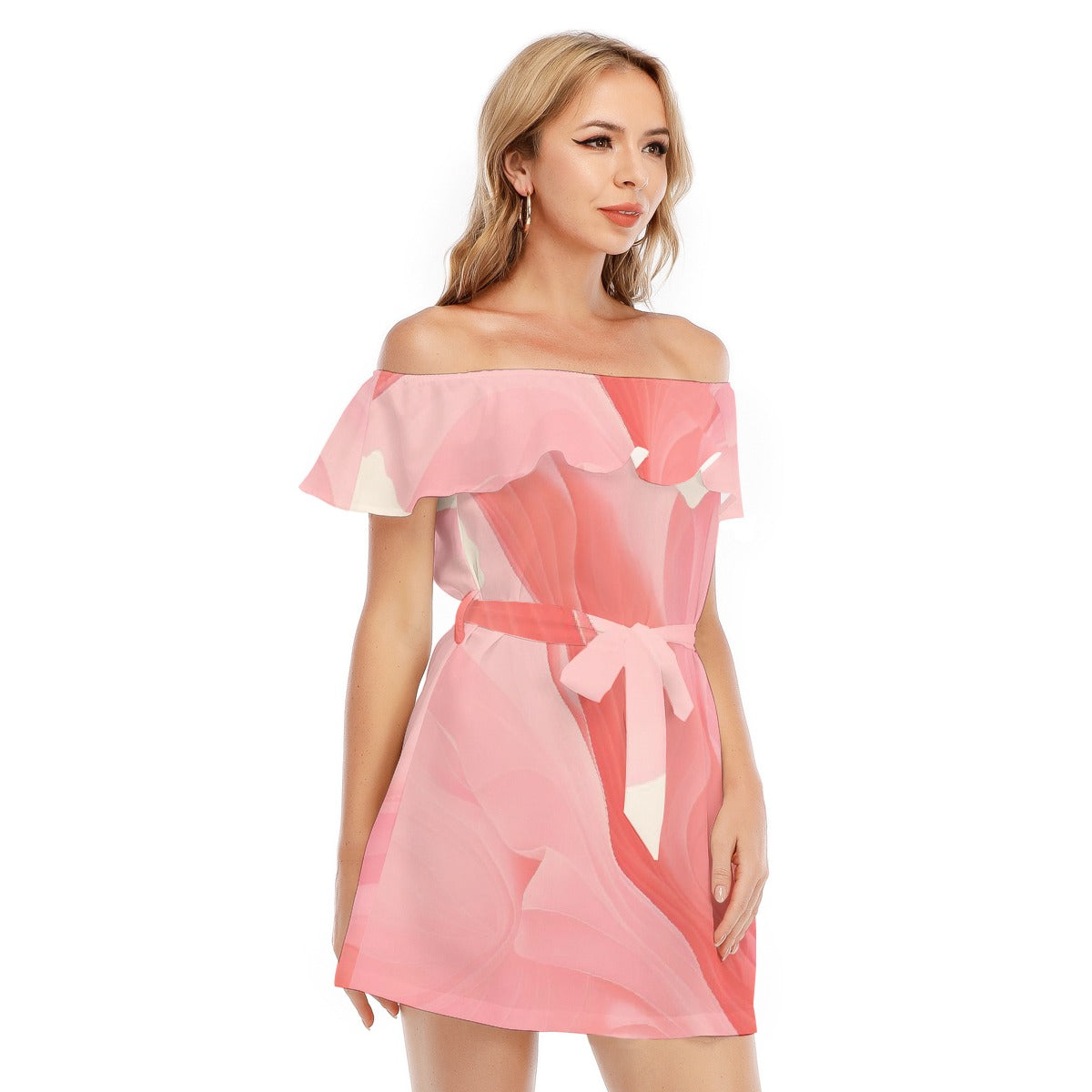 All-Over Print Women's Off-shoulder Dress With Ruffle
