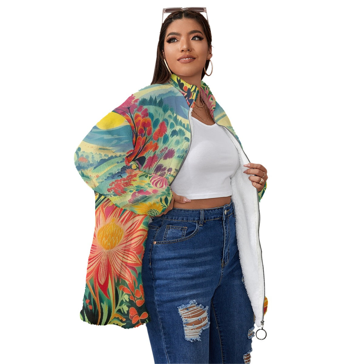 All-Over Print Unisex Borg Fleece Stand-up Collar Coat With Zipper Closure(Plus Size)