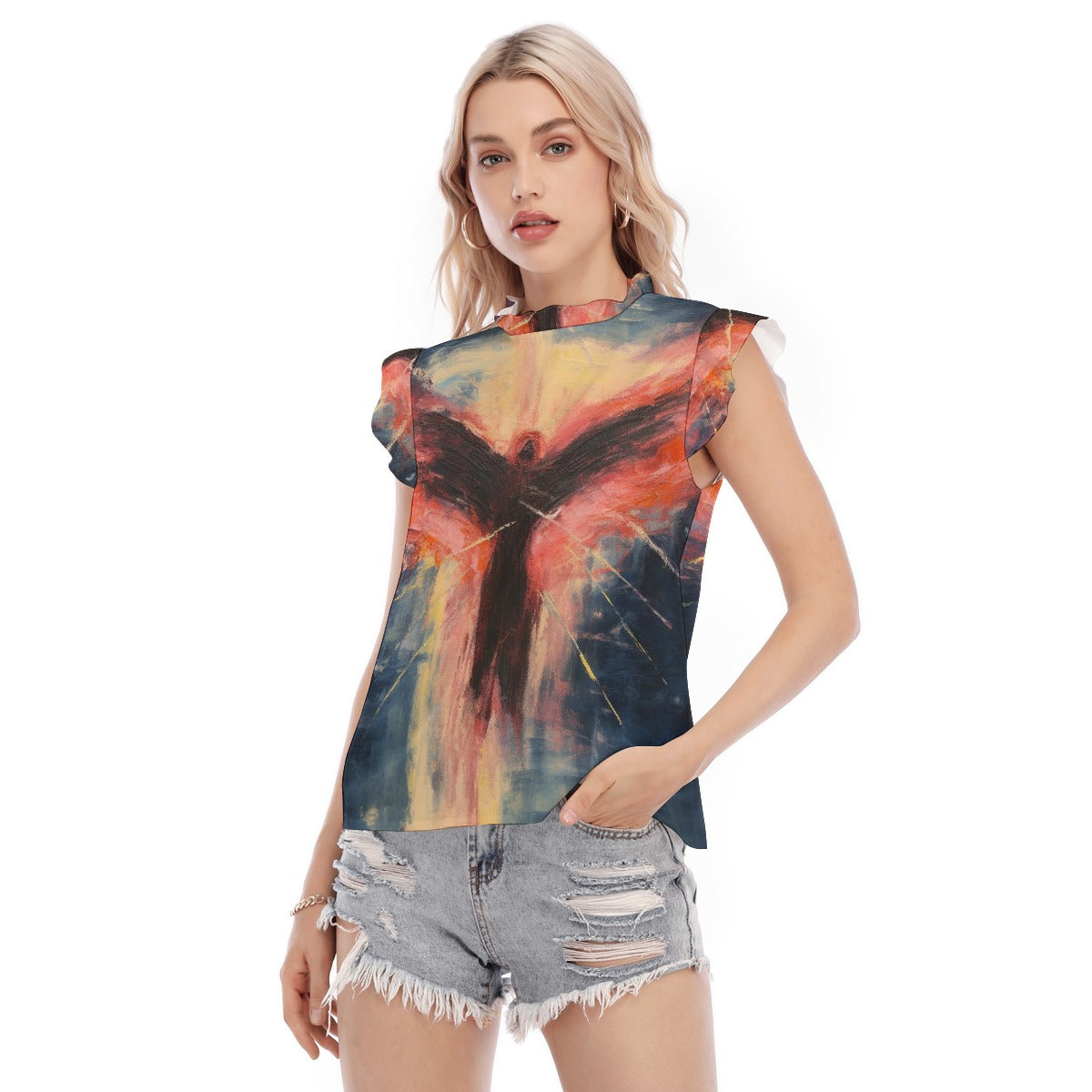 All-Over Print Women's Blouse With Ruffle Collar And Sleeve