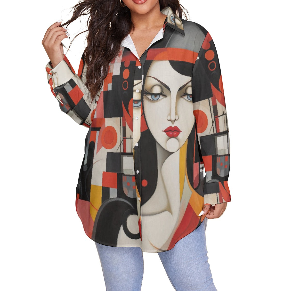 All-Over Print Women's Shirt With Long Sleeve(Plus Size)