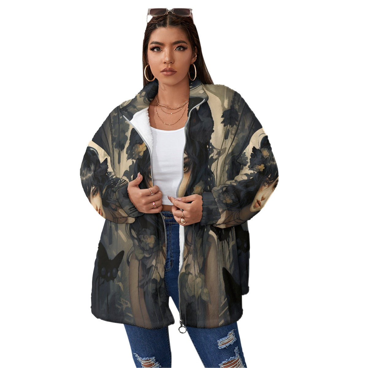 All-Over Print Unisex Borg Fleece Stand-up Collar Coat With Zipper Closure(Plus Size)