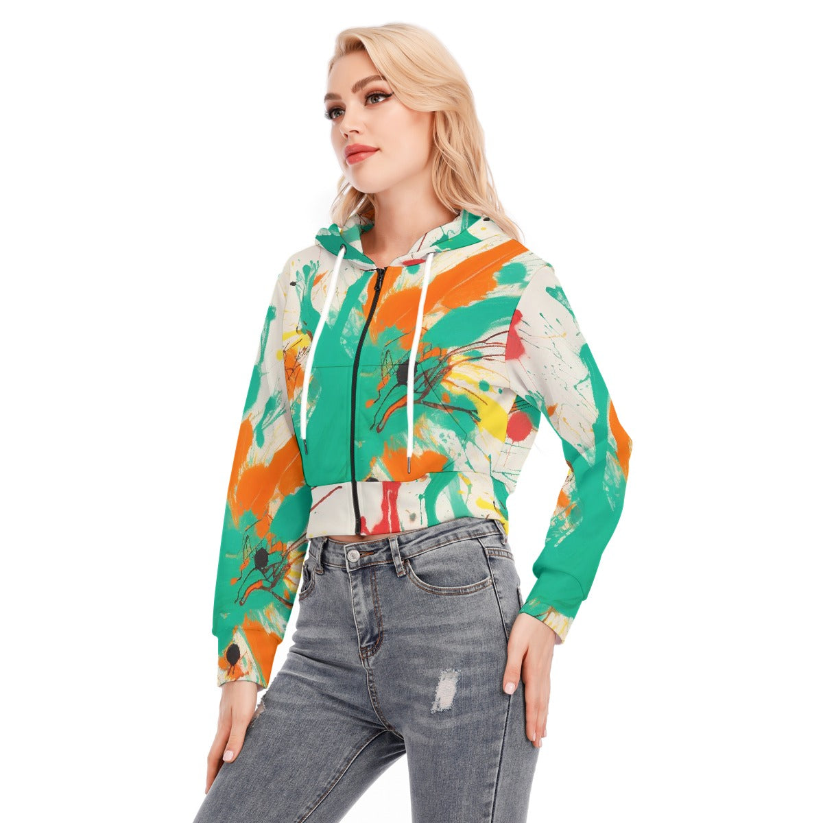 All-Over Print Women's Crop Top Hoodie With Zipper Closure