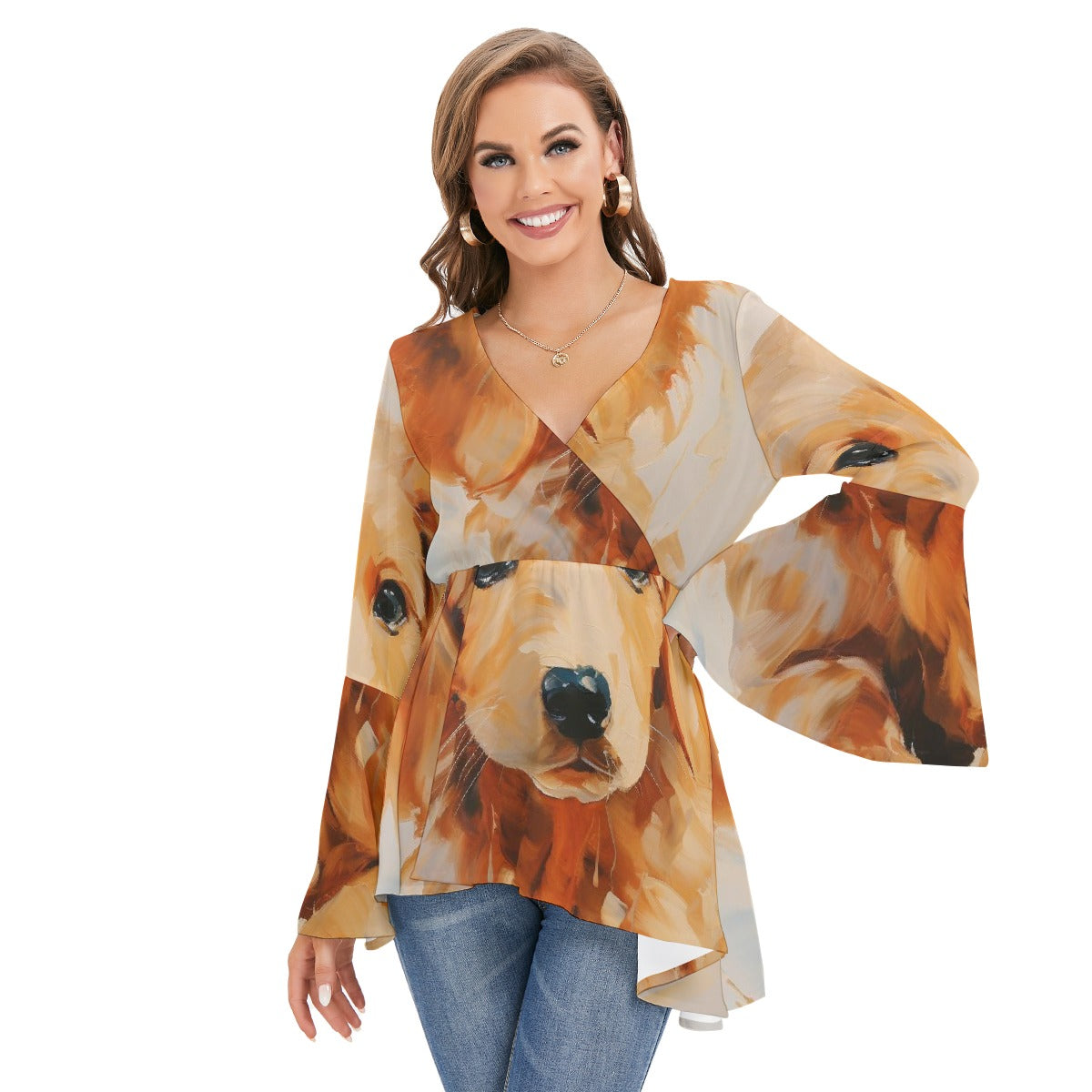 All-Over Print Women's V-neck Blouse With Flared Sleeves