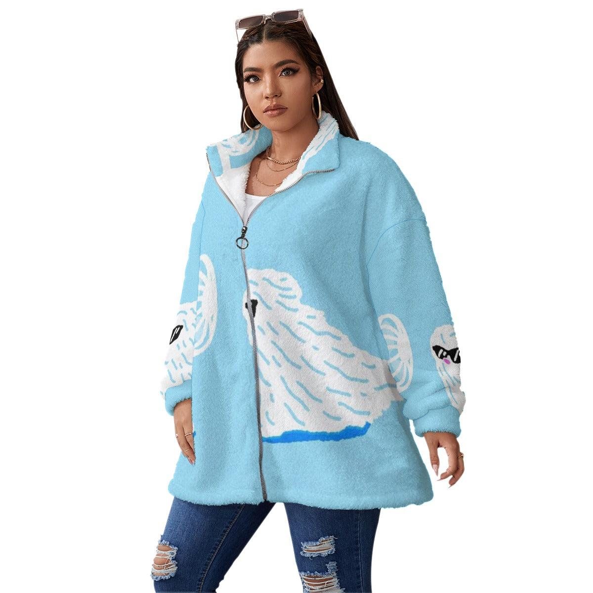 All-Over Print Unisex Borg Fleece Stand-up Collar Coat With Zipper Closure(Plus Size)