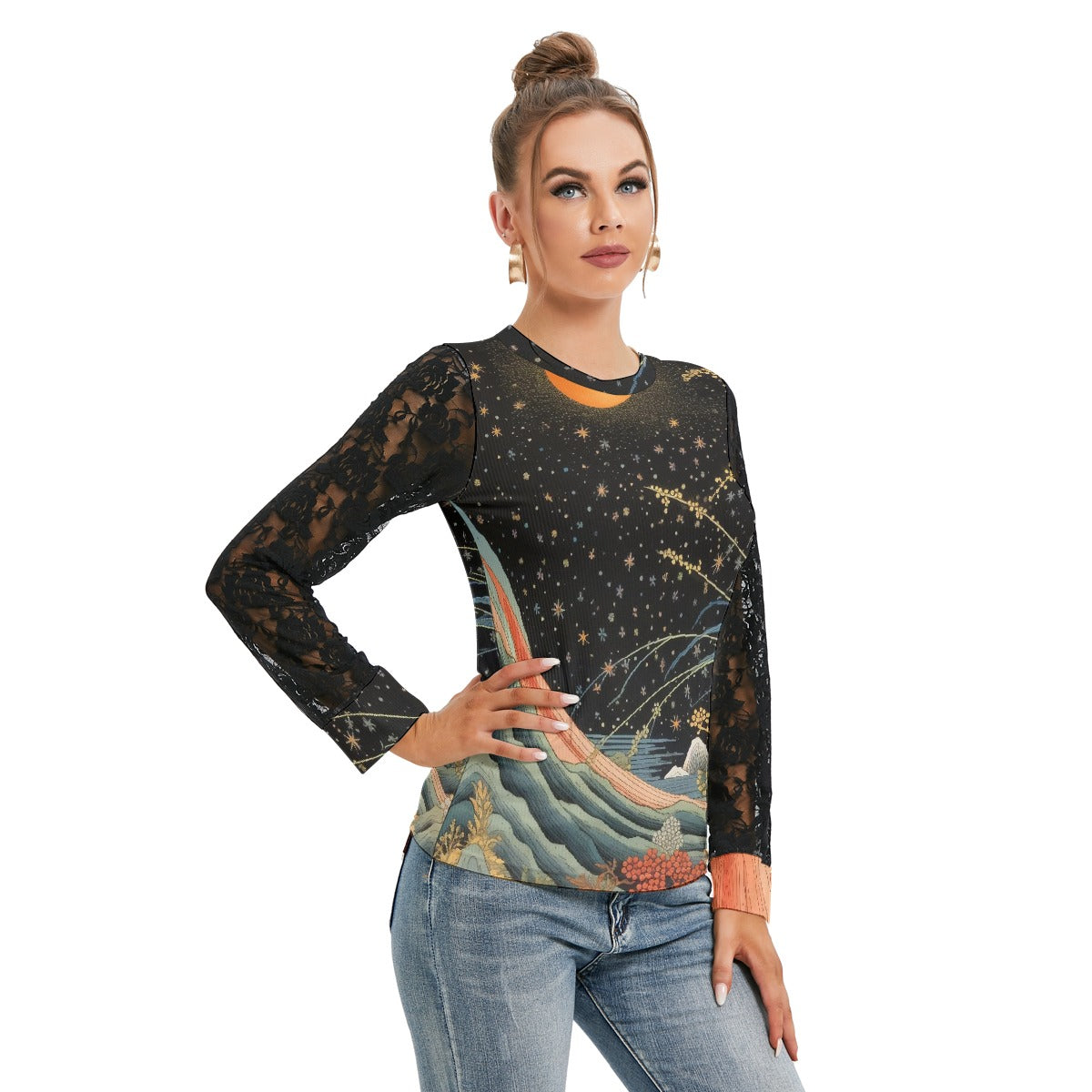 All-Over Print Women's T-shirt And Sleeve With Black Lace