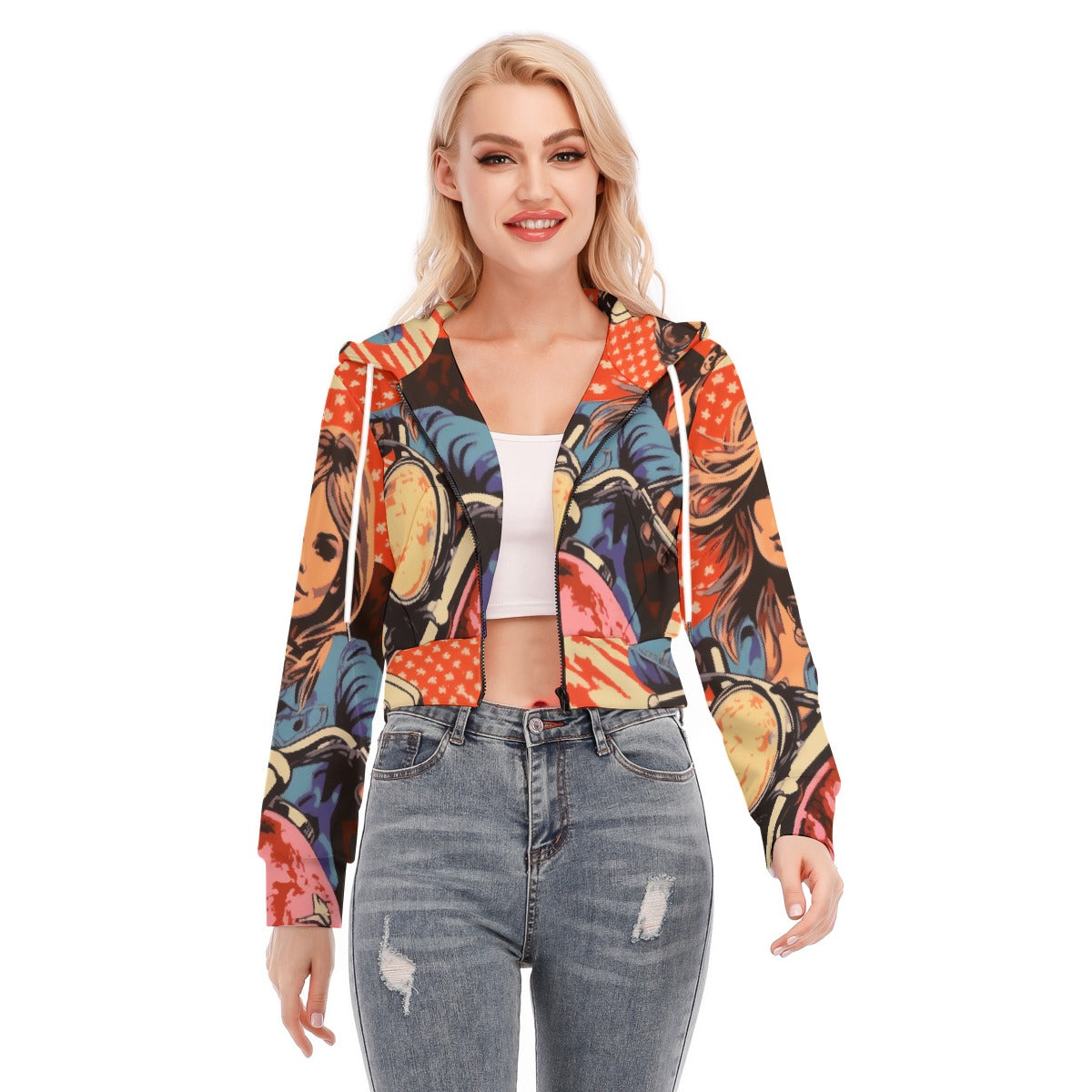 All-Over Print Women's Crop Top Hoodie With Zipper Closure
