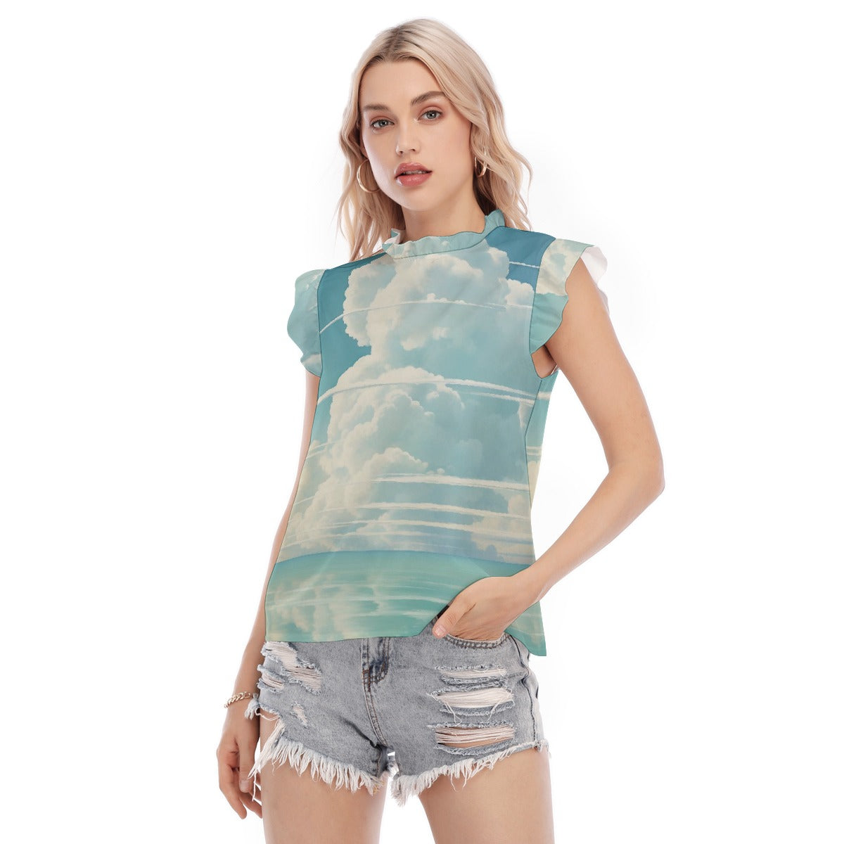 All-Over Print Women's Blouse With Ruffle Collar And Sleeve