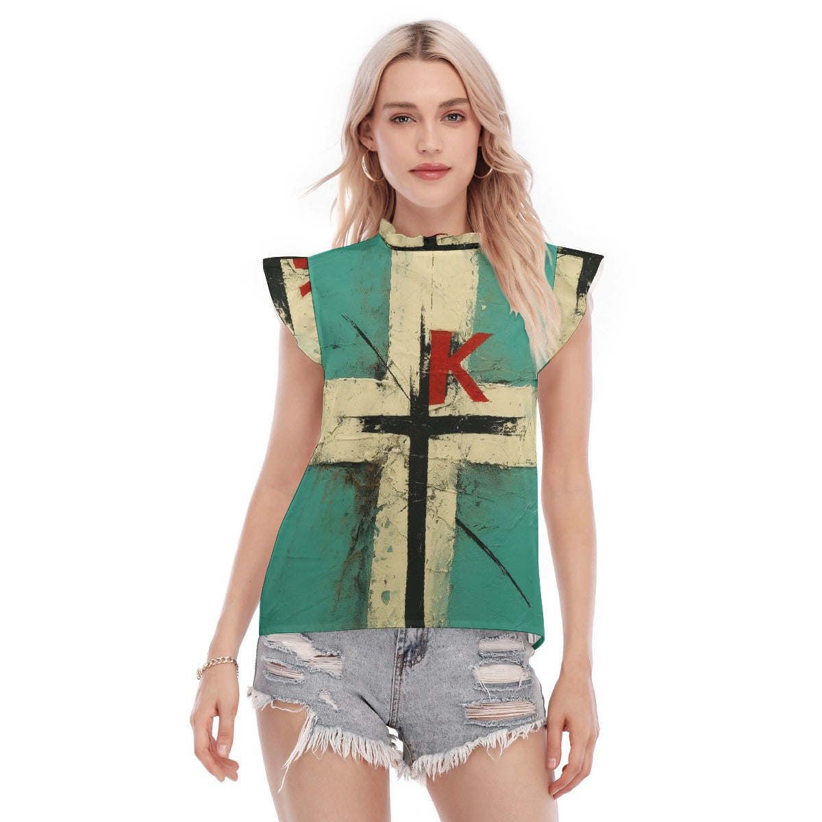 All-Over Print Women's Blouse With Ruffle Collar And Sleeve