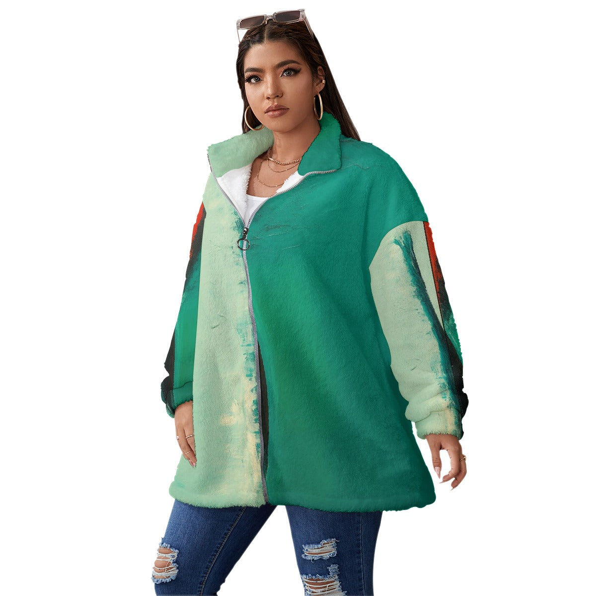 All-Over Print Unisex Borg Fleece Stand-up Collar Coat With Zipper Closure(Plus Size)