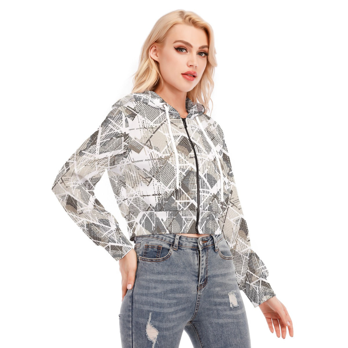All-Over Print Women's Crop Top Hoodie With Zipper Closure