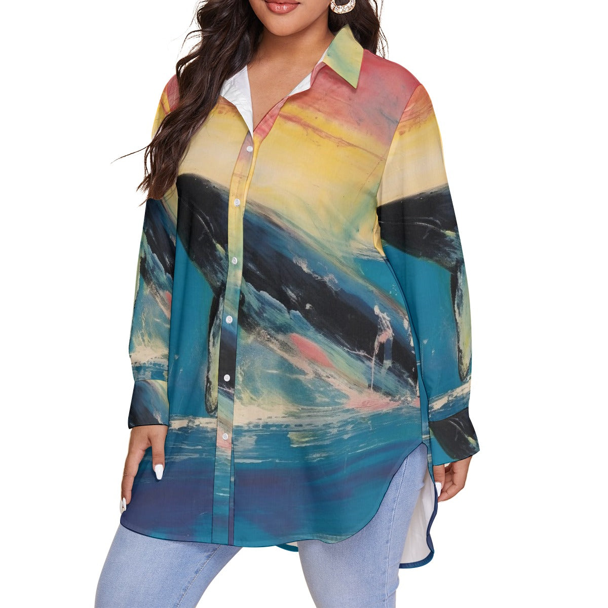 All-Over Print Women's Shirt With Long Sleeve(Plus Size)