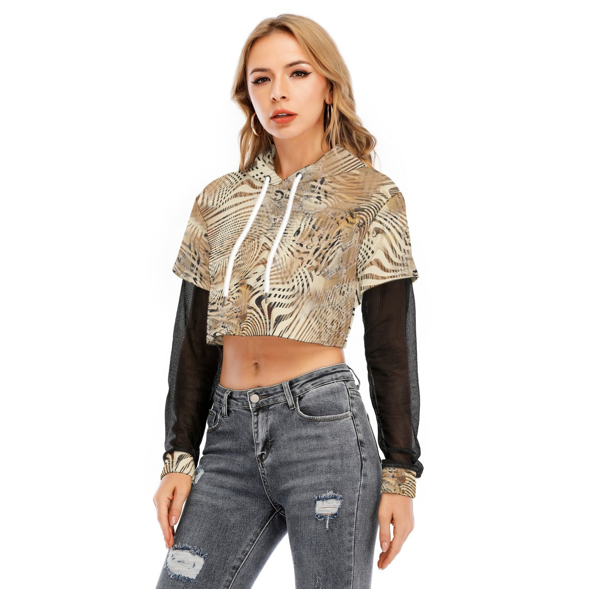 All-Over Print Women's Fake Two-piece Mesh Sleeve Cropped Hoodie