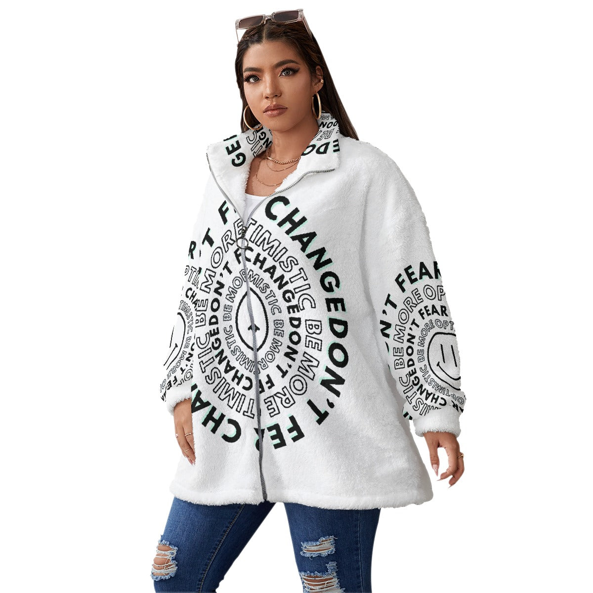 All-Over Print Unisex Borg Fleece Stand-up Collar Coat With Zipper Closure(Plus Size)