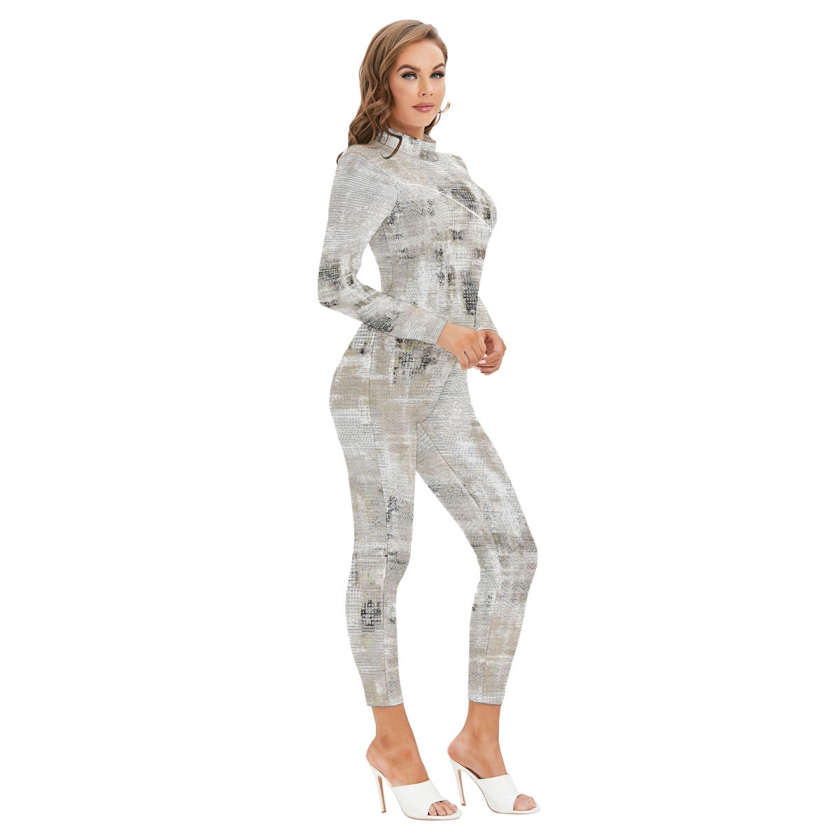 All-Over Print Women's Long-sleeved High-neck Jumpsuit With Zipper