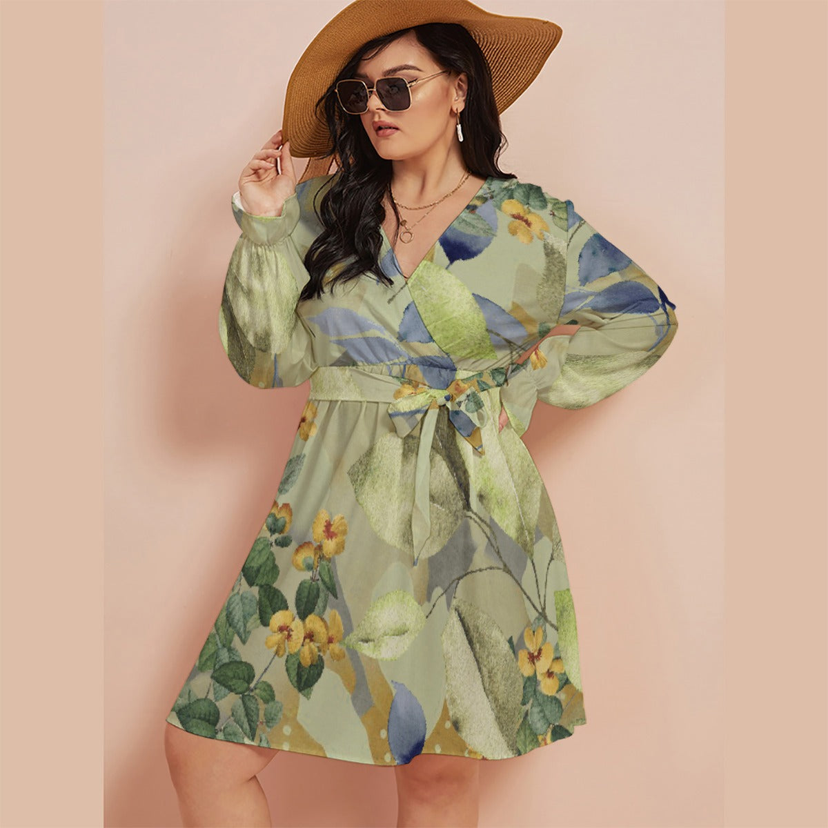 All-Over Print Women's V-neck Dress With Waistband(Plus Size)