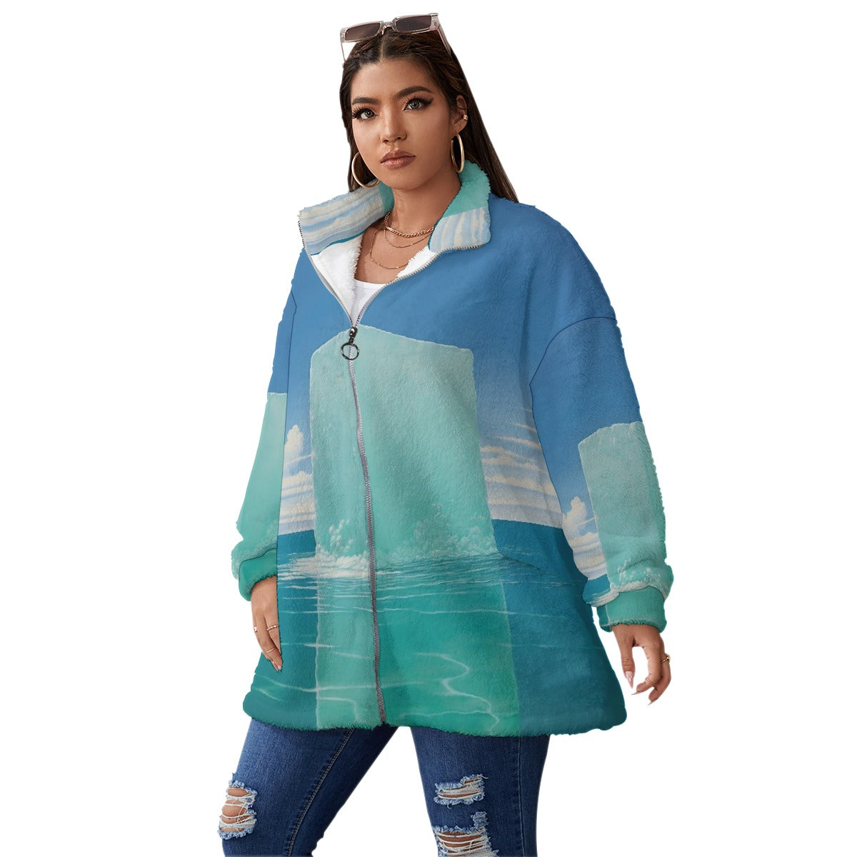 All-Over Print Unisex Borg Fleece Stand-up Collar Coat With Zipper Closure(Plus Size)