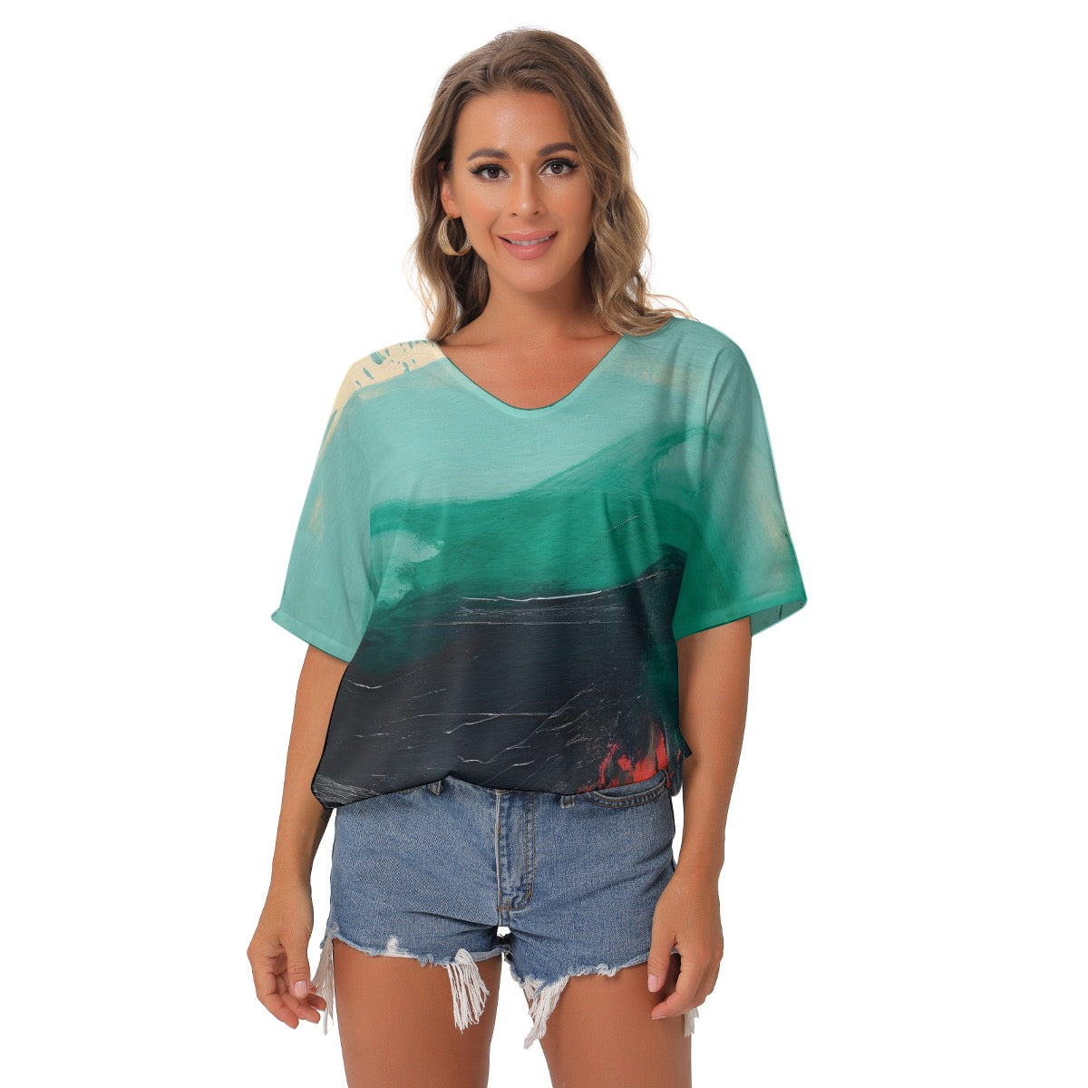 All-Over Print Women's Bat Sleeves V-Neck Blouse