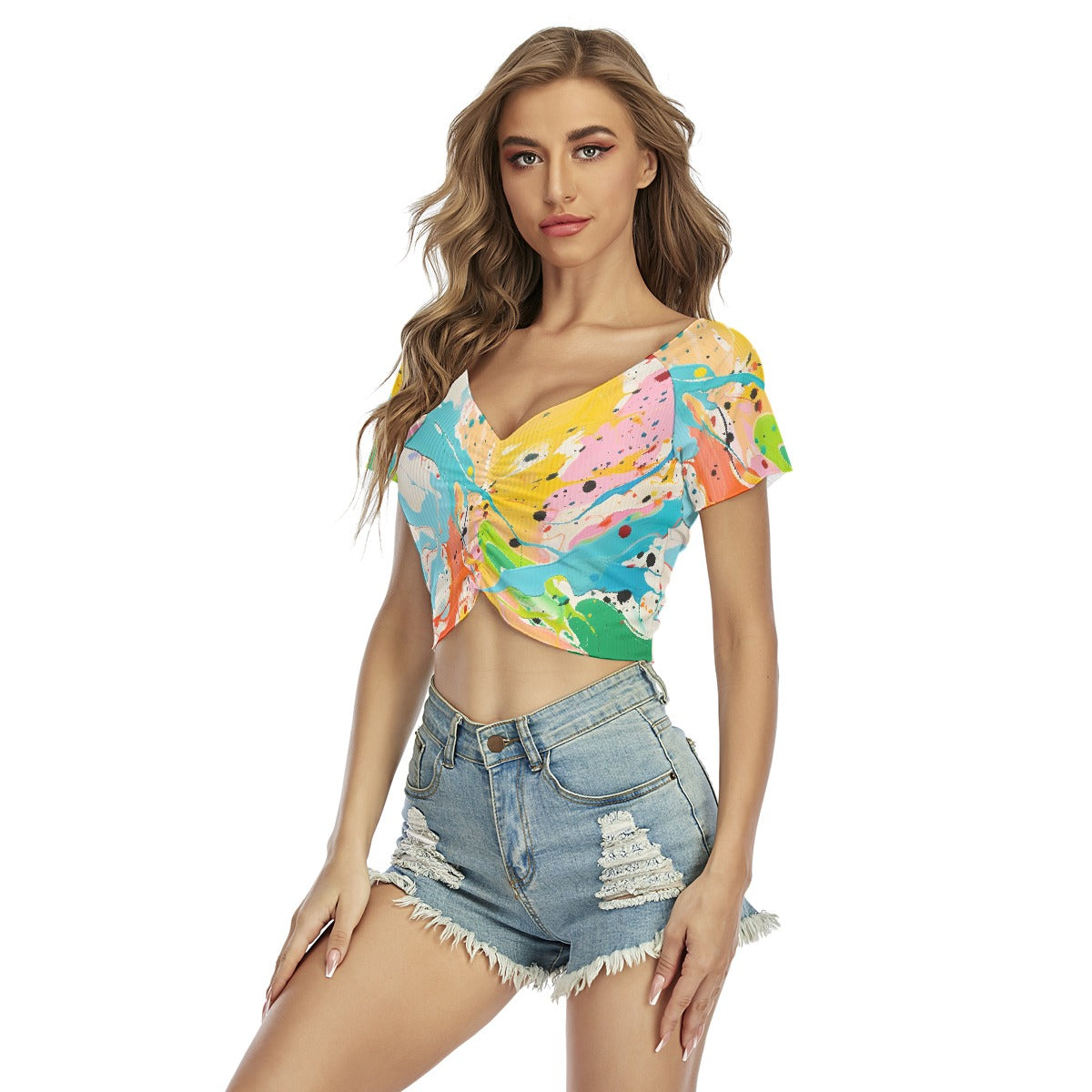All-Over Print Women's Raglan Drawstring Front  Crop Tee