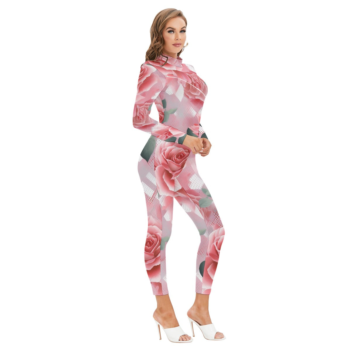All-Over Print Women's Long-sleeved High-neck Jumpsuit With Zipper