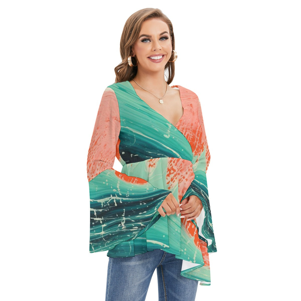 All-Over Print Women's V-neck Blouse With Flared Sleeves