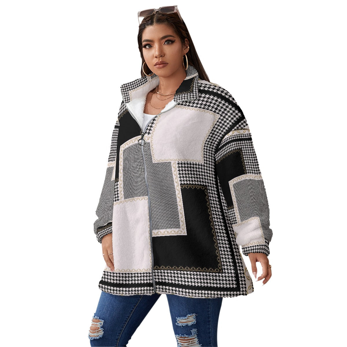 All-Over Print Unisex Borg Fleece Stand-up Collar Coat With Zipper Closure(Plus Size)