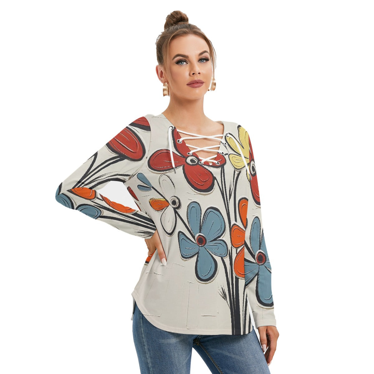 All-Over Print Women's Long Sleeve Neckline Tie Sweatshirt