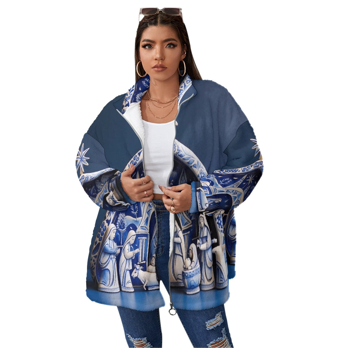 All-Over Print Unisex Borg Fleece Stand-up Collar Coat With Zipper Closure(Plus Size)