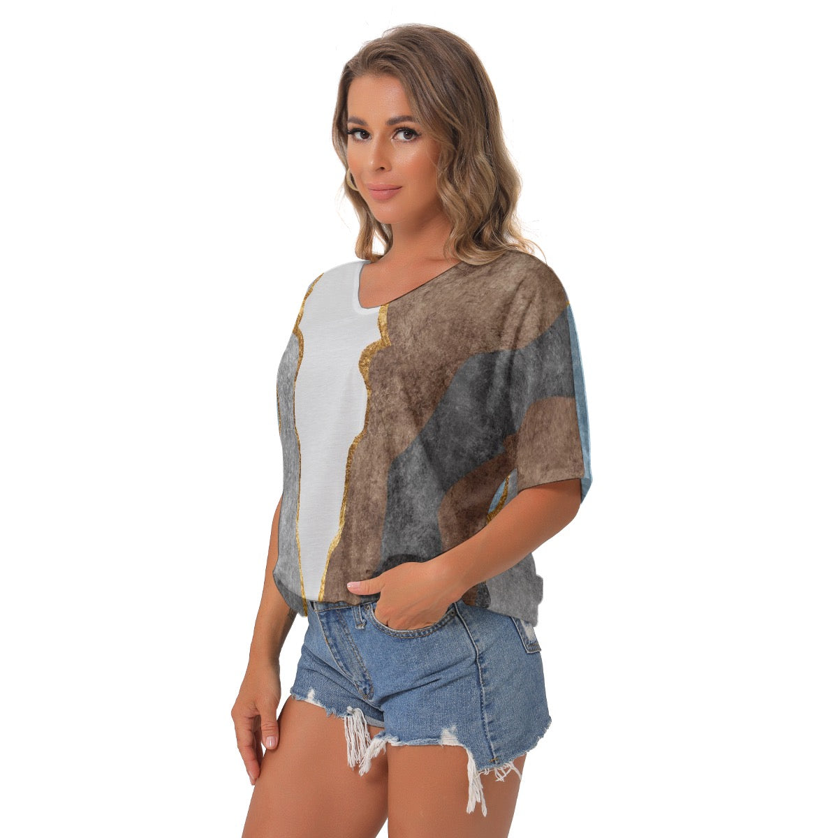 All-Over Print Women's Bat Sleeves V-Neck Blouse