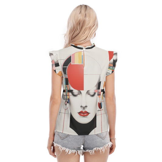 All-Over Print Women's Blouse With Ruffle Collar And Sleeve