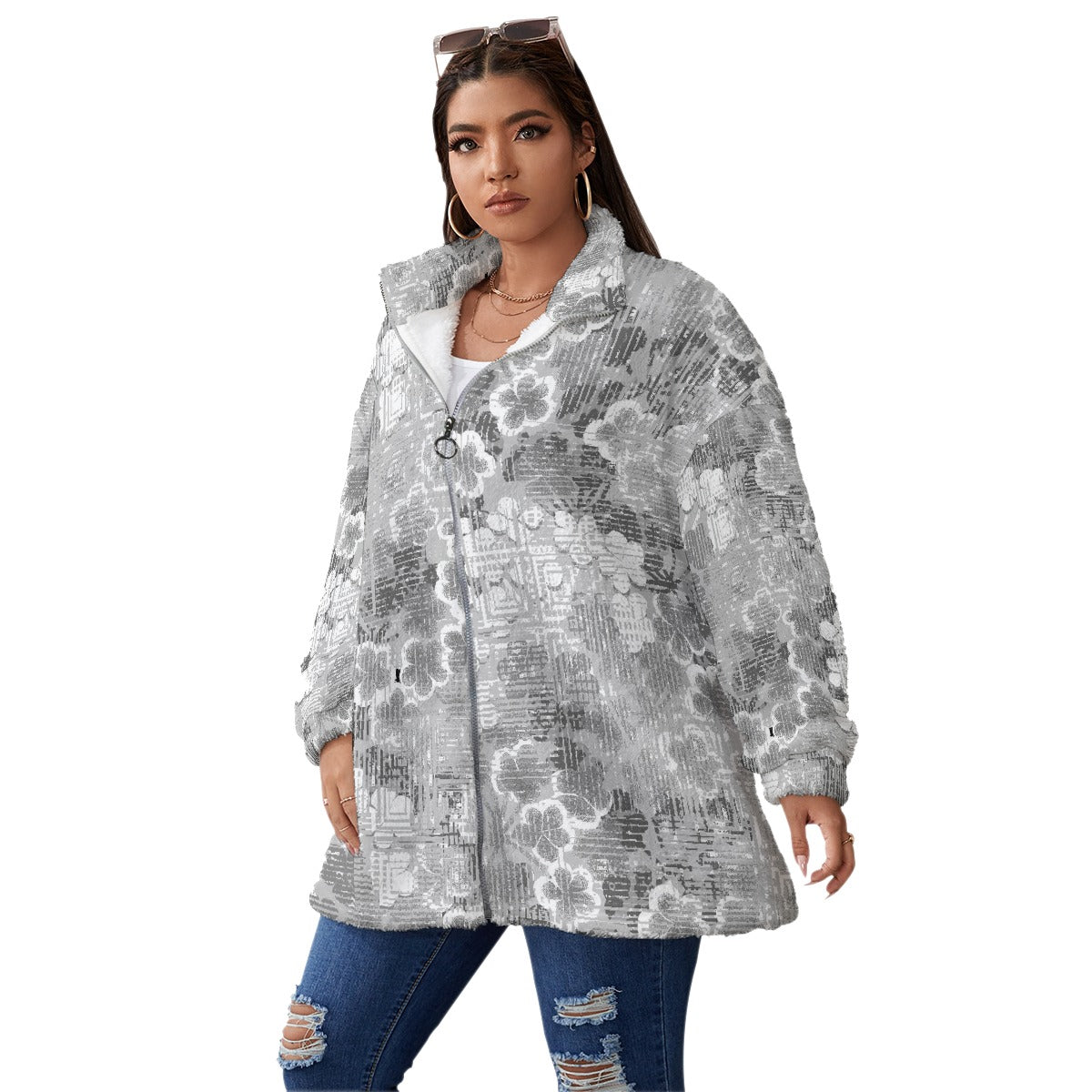 All-Over Print Unisex Borg Fleece Stand-up Collar Coat With Zipper Closure(Plus Size)