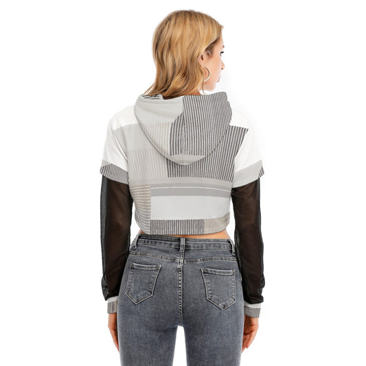 All-Over Print Women's Fake Two-piece Mesh Sleeve Cropped Hoodie