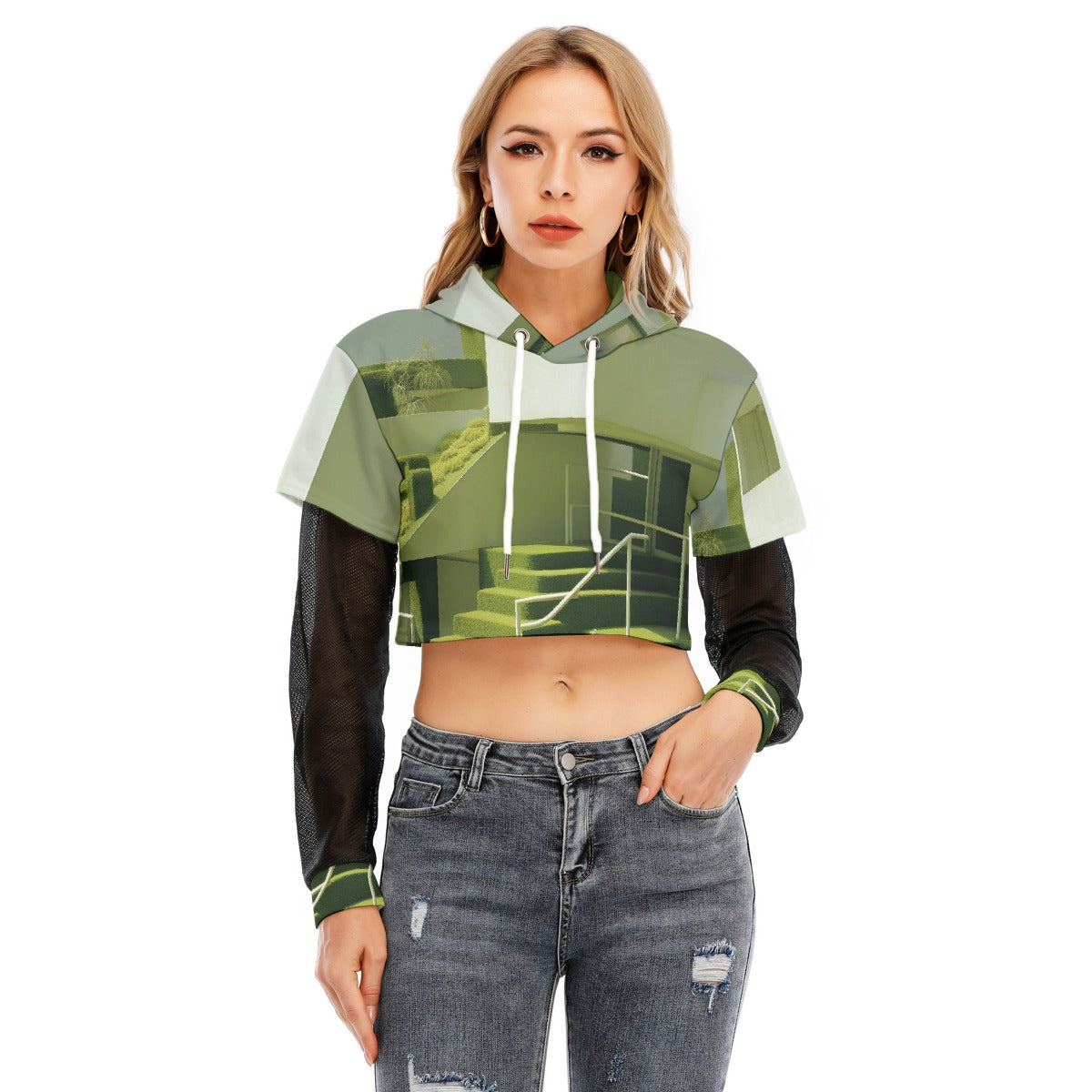 All-Over Print Women's Fake Two-piece Mesh Sleeve Cropped Hoodie