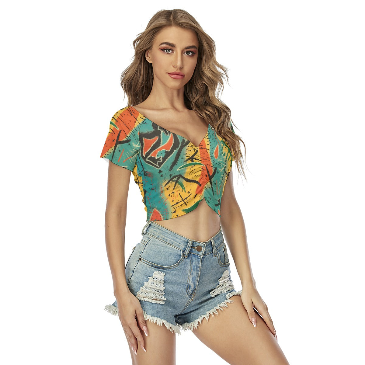 All-Over Print Women's Raglan Drawstring Front  Crop Tee