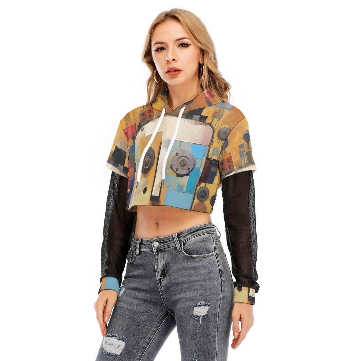 All-Over Print Women's Fake Two-piece Mesh Sleeve Cropped Hoodie