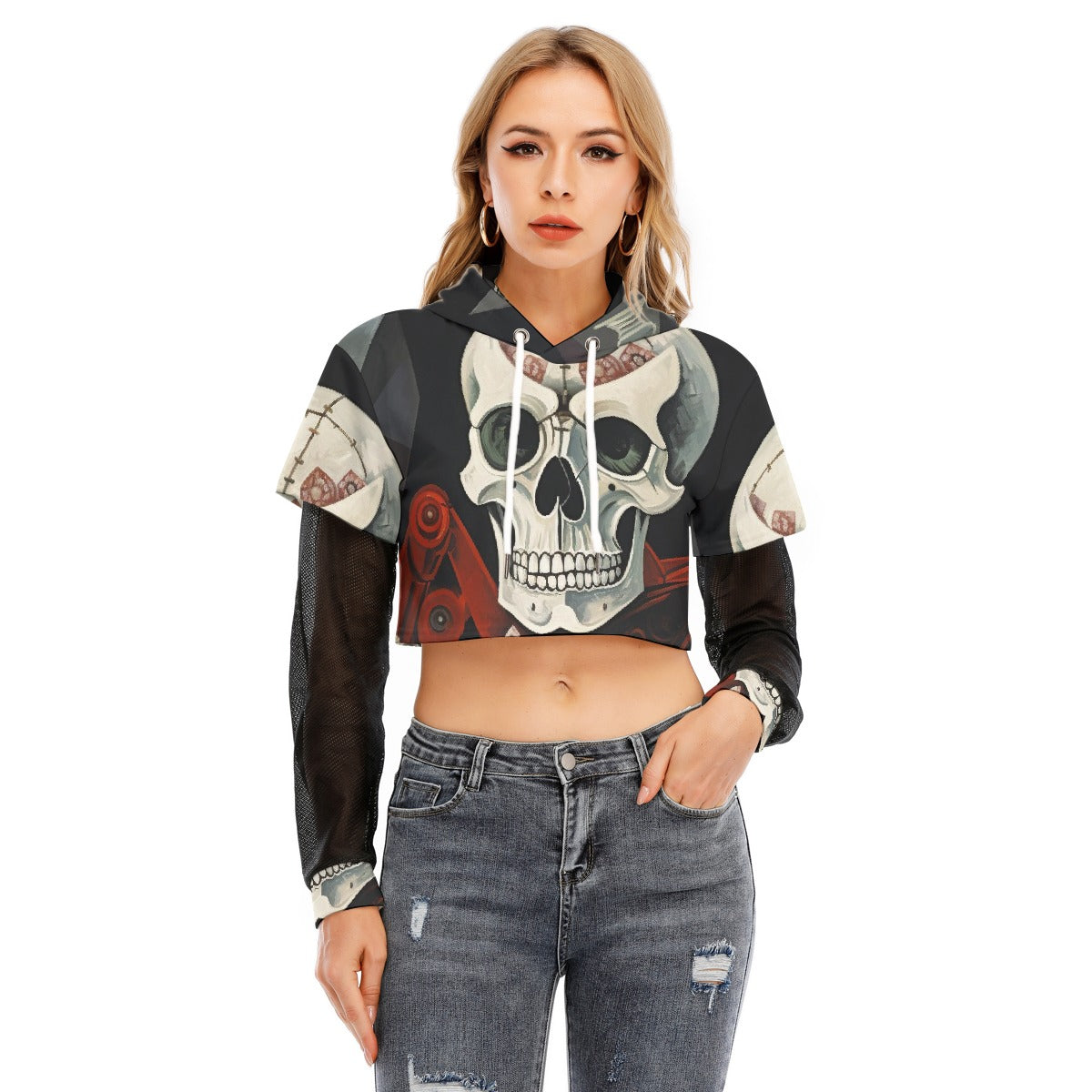 All-Over Print Women's Fake Two-piece Mesh Sleeve Cropped Hoodie