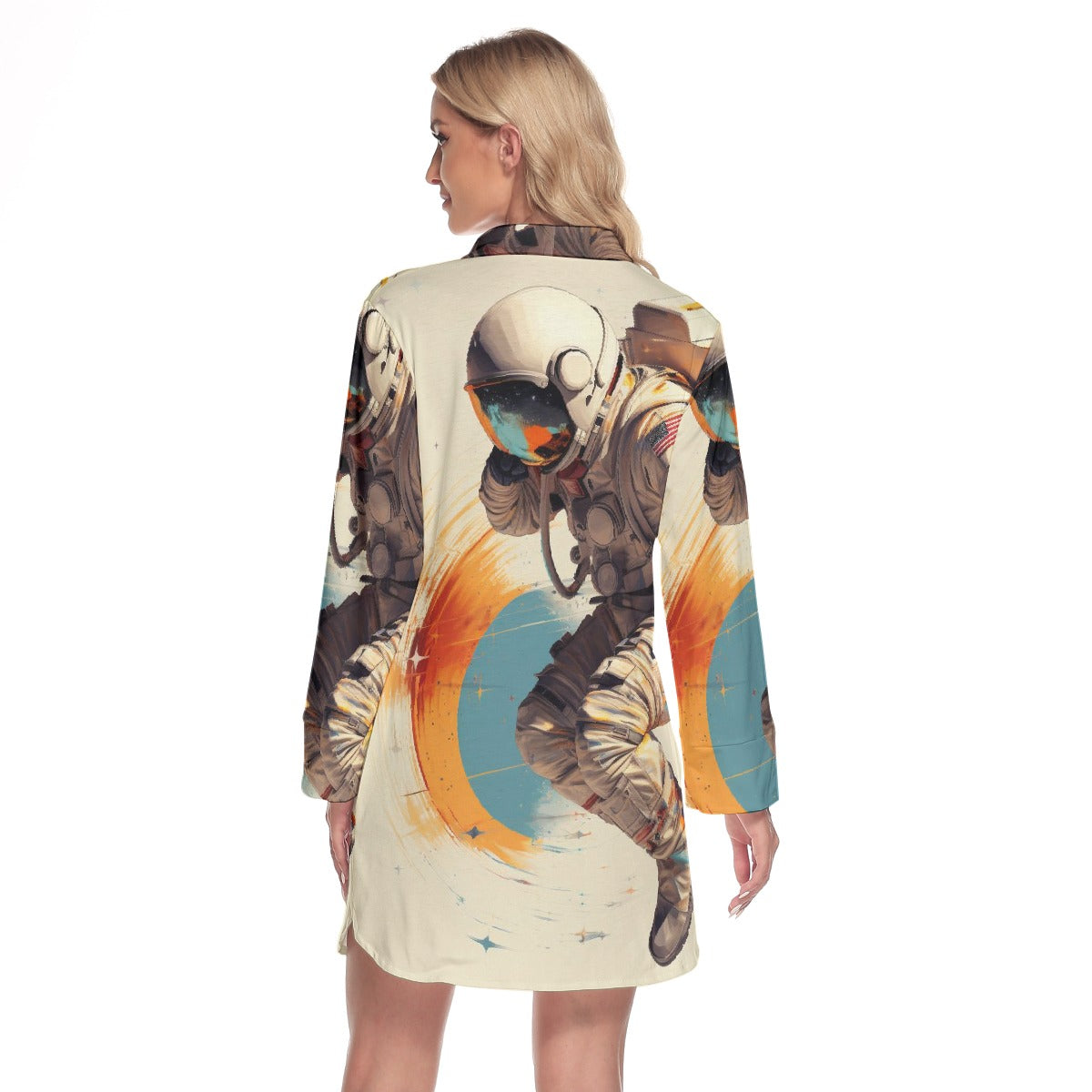 All-Over Print Women's Lapel Shirt Dress With Long Sleeve