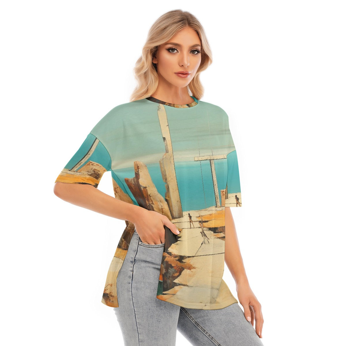 All-Over Print Women's Short Sleeves T-shirt With Hem Split