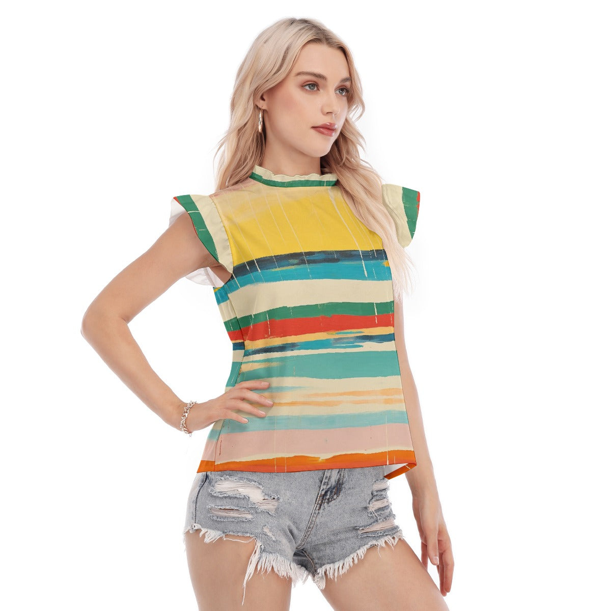 All-Over Print Women's Blouse With Ruffle Collar And Sleeve