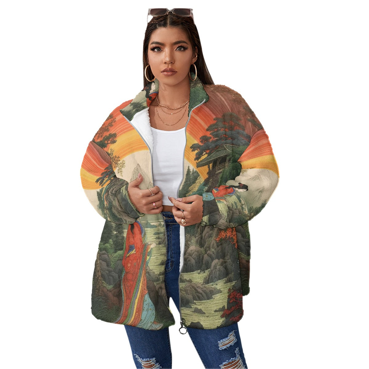 All-Over Print Unisex Borg Fleece Stand-up Collar Coat With Zipper Closure(Plus Size)